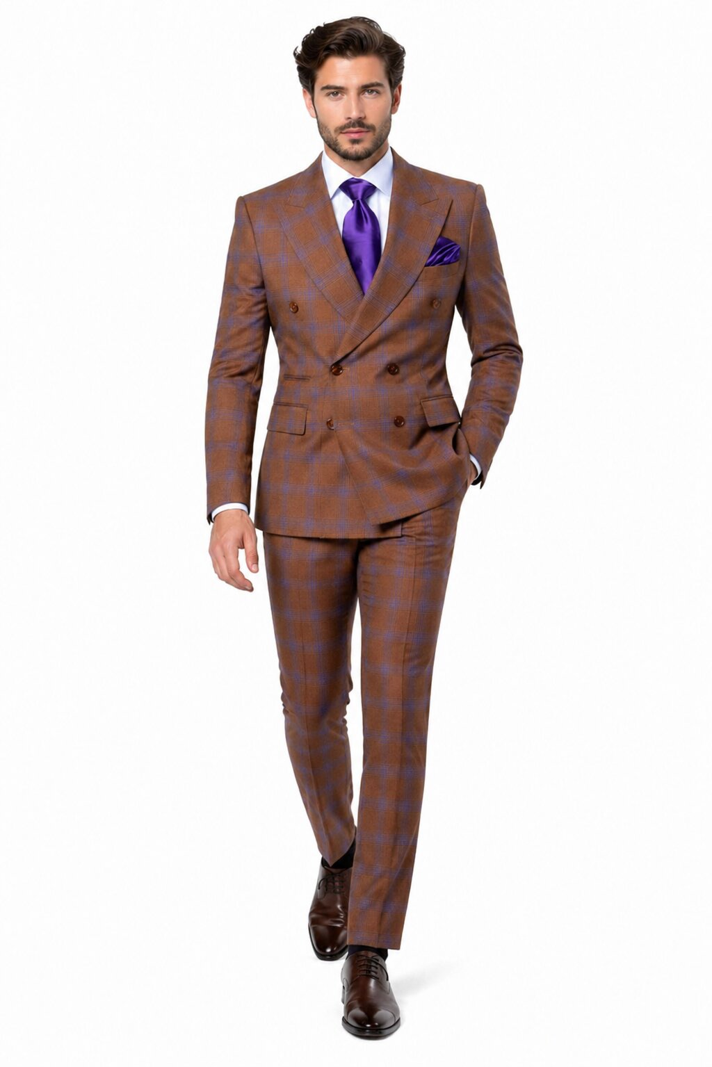 Mens Brown Plaid Double-Breasted Suit Premium 2-Piece Classic Checkered Windowpane Suit by Rossiman