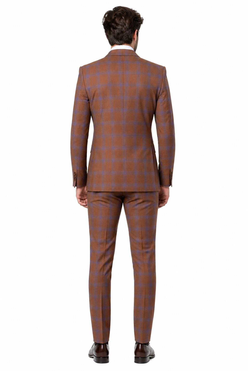 Mens Brown Plaid Double-Breasted Suit Premium 2-Piece Classic Checkered Windowpane Suit by Rossiman
