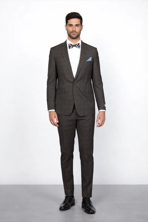 Men's Brown Plaid Slim Fit Suit by Rossiman Rossi Peak Lapel Jacket & Tapered Pants