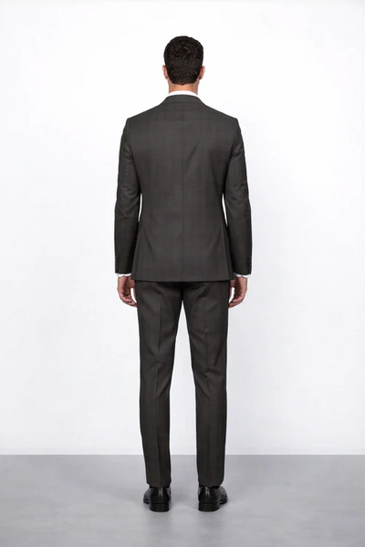 Men's Brown Plaid Slim Fit Suit by Rossiman Rossi Peak Lapel Jacket & Tapered Pants
