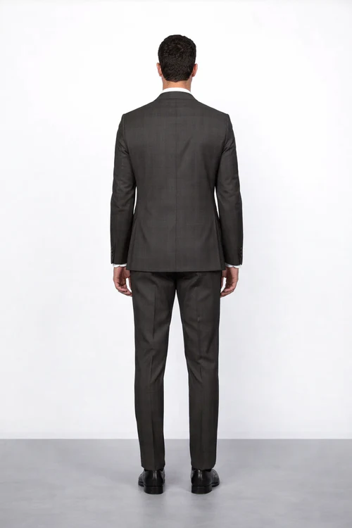 Men's Brown Plaid Slim Fit Suit by Rossiman Rossi Peak Lapel Jacket & Tapered Pants