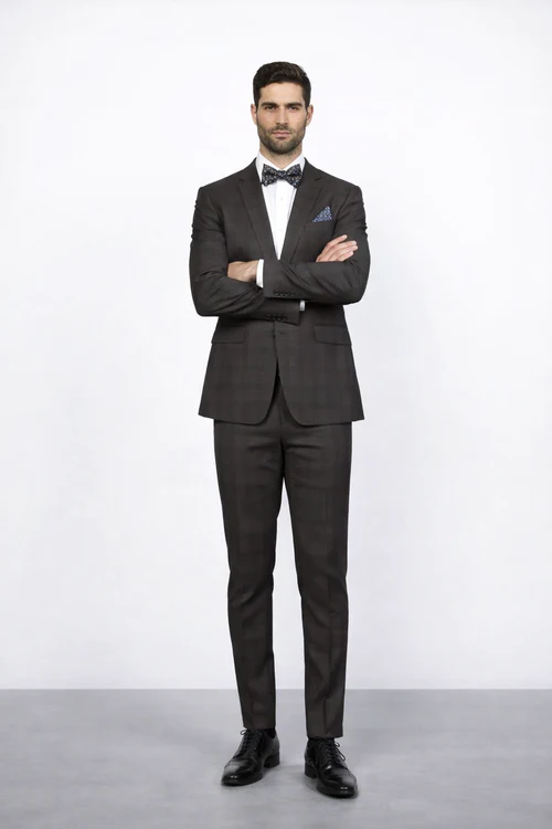 Men's Brown Plaid Slim Fit Suit by Rossiman Rossi – Peak Lapel Jacket & Tapered Pants - 58R