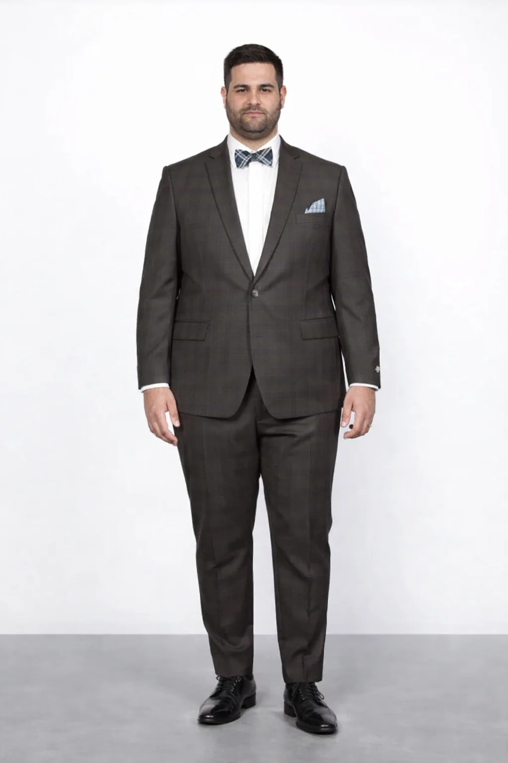 Men's Brown Plaid Slim Fit Suit by Rossiman Rossi Peak Lapel Jacket & Tapered Pants