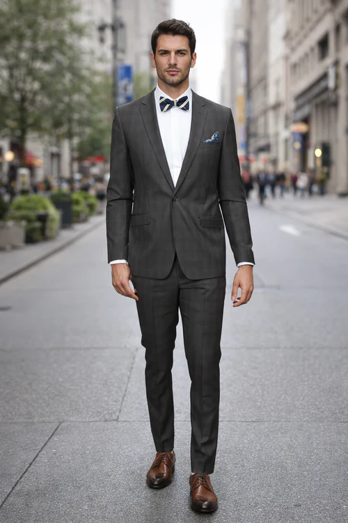 Men's Brown Plaid Slim Fit Suit by Rossiman Rossi – Peak Lapel Jacket & Tapered Pants - 58R