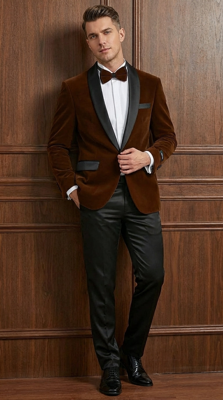 Mens Brown Velvet Tuxedo Jacket – Luxury Black Lapel Velvet Blazer for Wedding, Prom and Formal Events - 34 Short or Extra Small