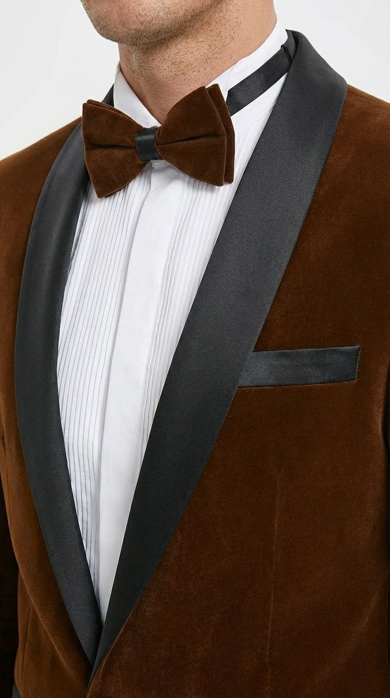 Mens Brown Velvet Tuxedo Jacket – Luxury Black Lapel Velvet Blazer for Wedding, Prom and Formal Events - 34 Short or Extra Small