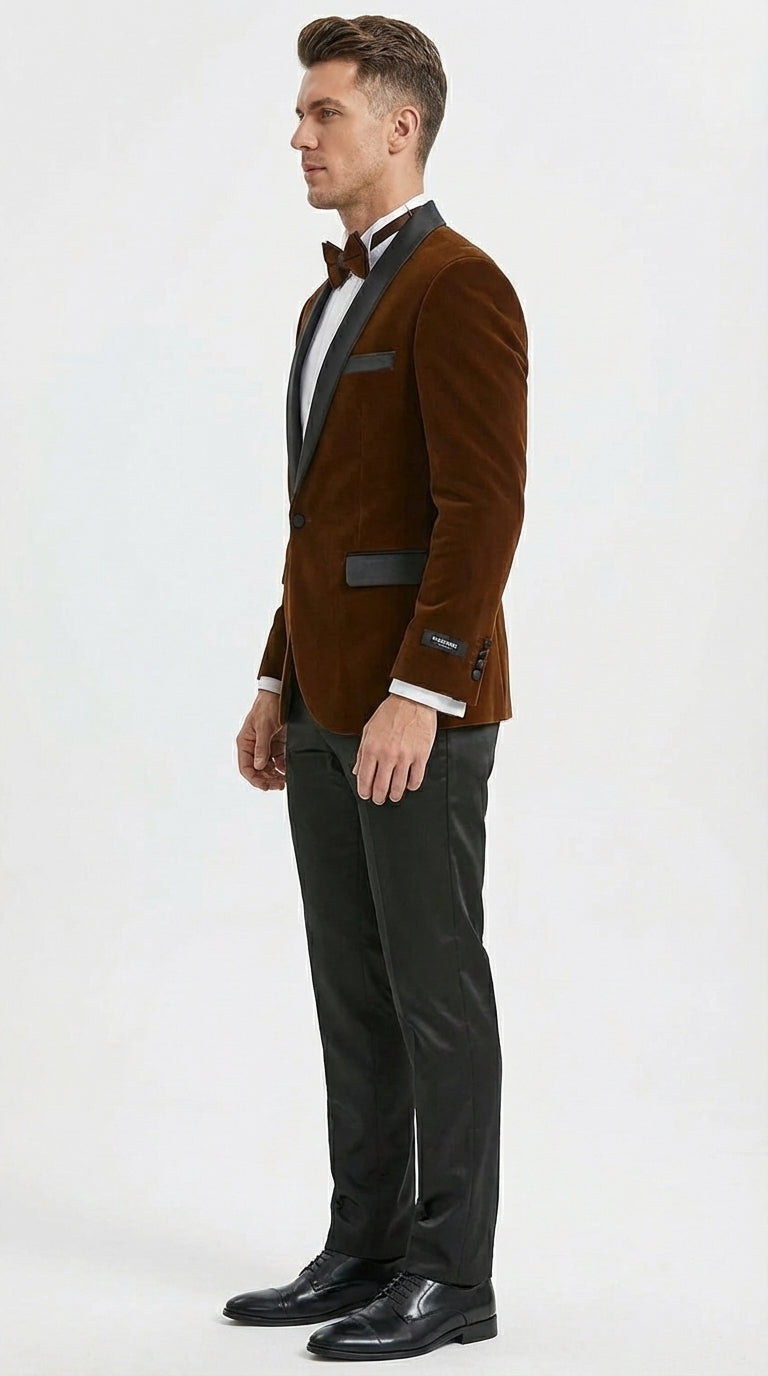 Mens Brown Velvet Tuxedo Jacket – Luxury Black Lapel Velvet Blazer for Wedding, Prom and Formal Events - 34 Short or Extra Small