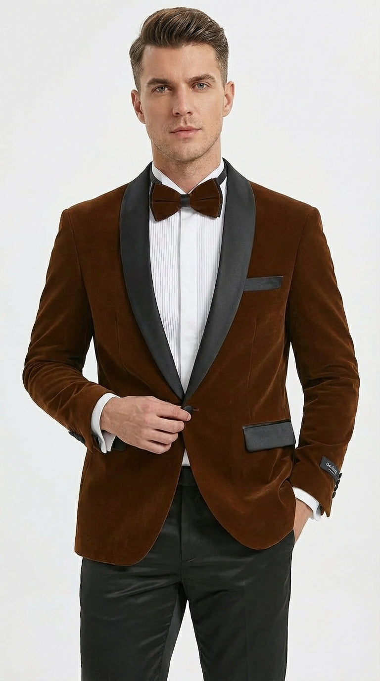 Mens Brown Velvet Tuxedo Jacket – Luxury Black Lapel Velvet Blazer for Wedding, Prom and Formal Events - 34 Short or Extra Small