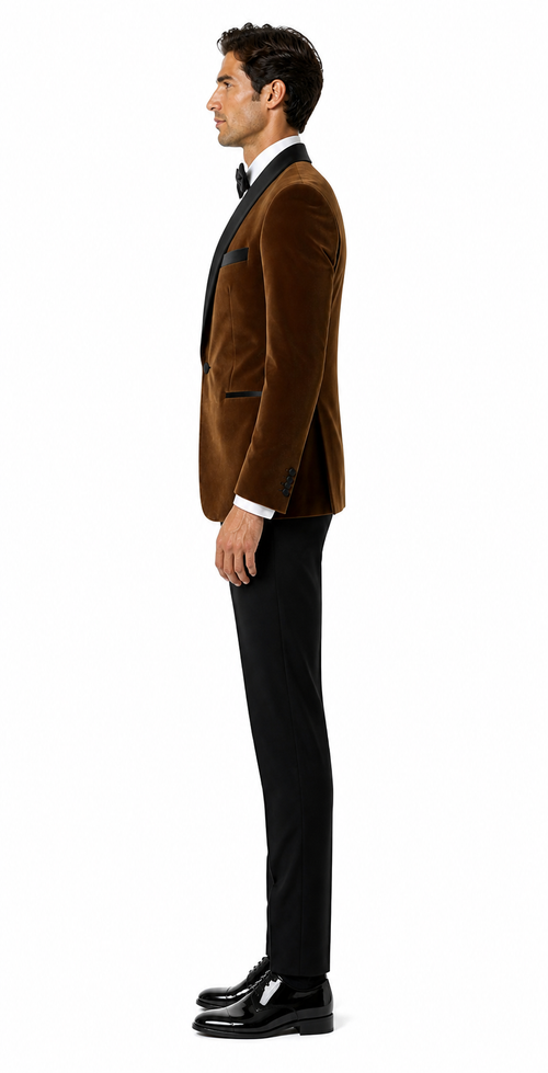 Mens Brown Velvet Tuxedo with Black Satin Shawl Lapel One Button Formal Suit Jacket