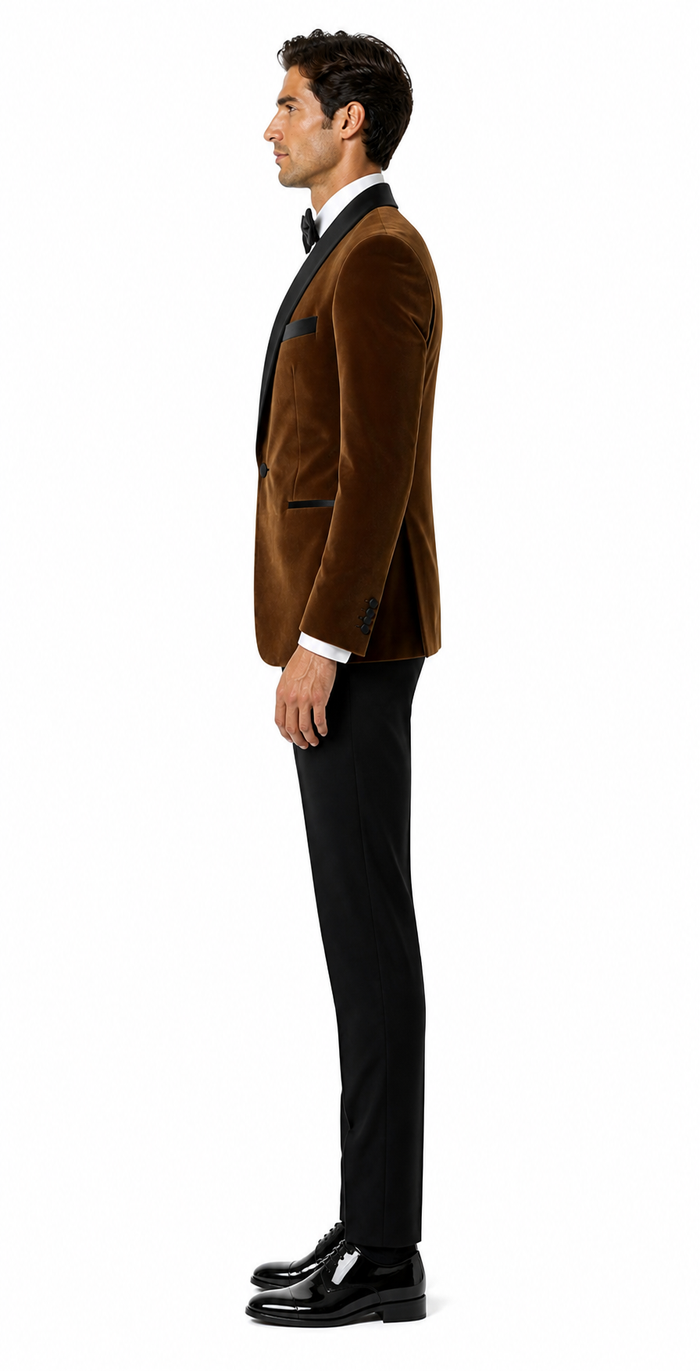 Mens Brown Velvet Tuxedo with Black Satin Shawl Lapel One Button Formal Suit Jacket