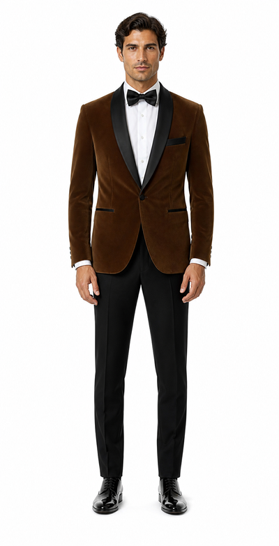 Mens Brown Velvet Tuxedo with Black Satin Shawl Lapel One Button Formal Suit Jacket