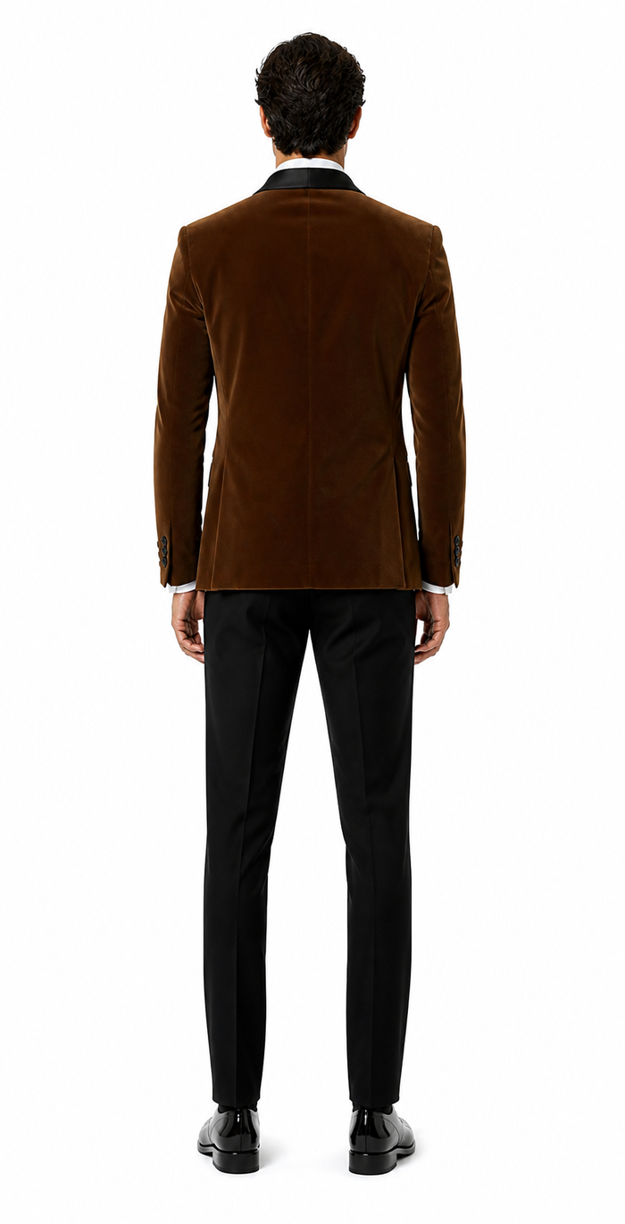 Mens Brown Velvet Tuxedo with Black Satin Shawl Lapel One Button Formal Suit Jacket
