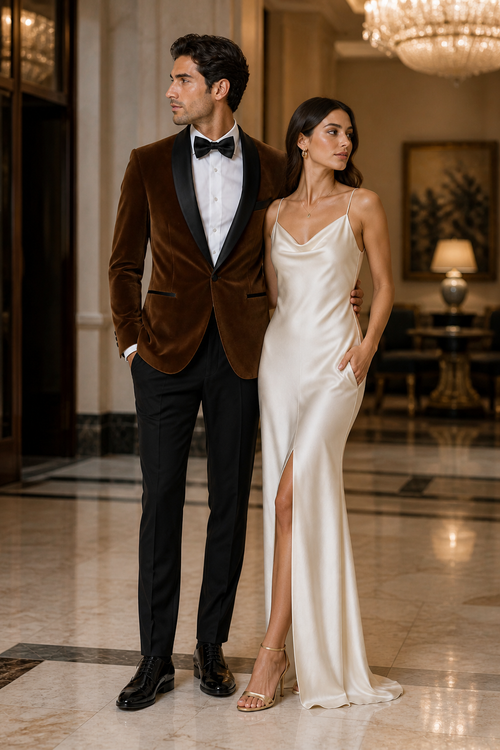 Mens Brown Velvet Tuxedo with Black Satin Shawl Lapel One Button Formal Suit Jacket