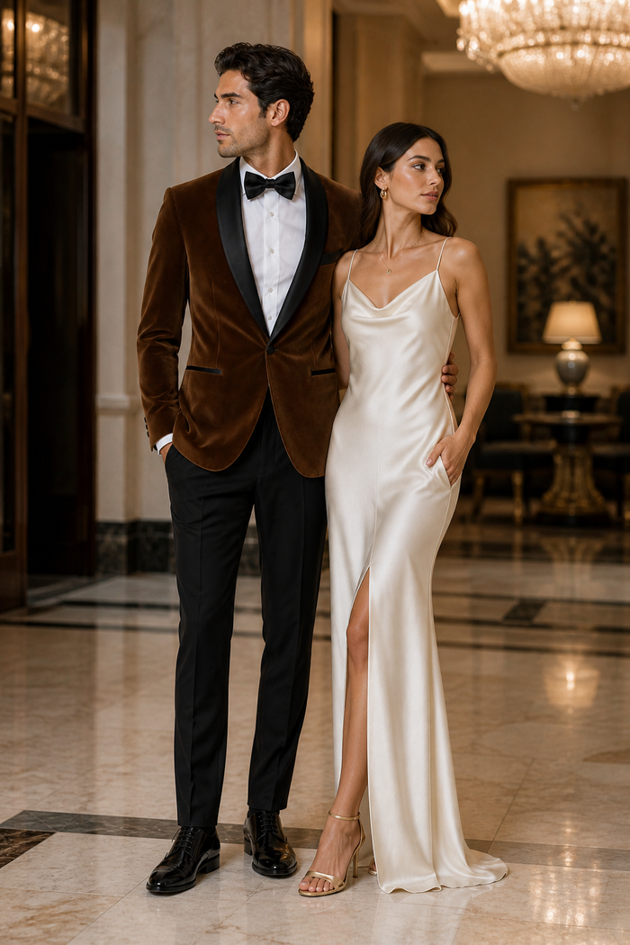 Mens Brown Velvet Tuxedo with Black Satin Shawl Lapel One Button Formal Suit Jacket