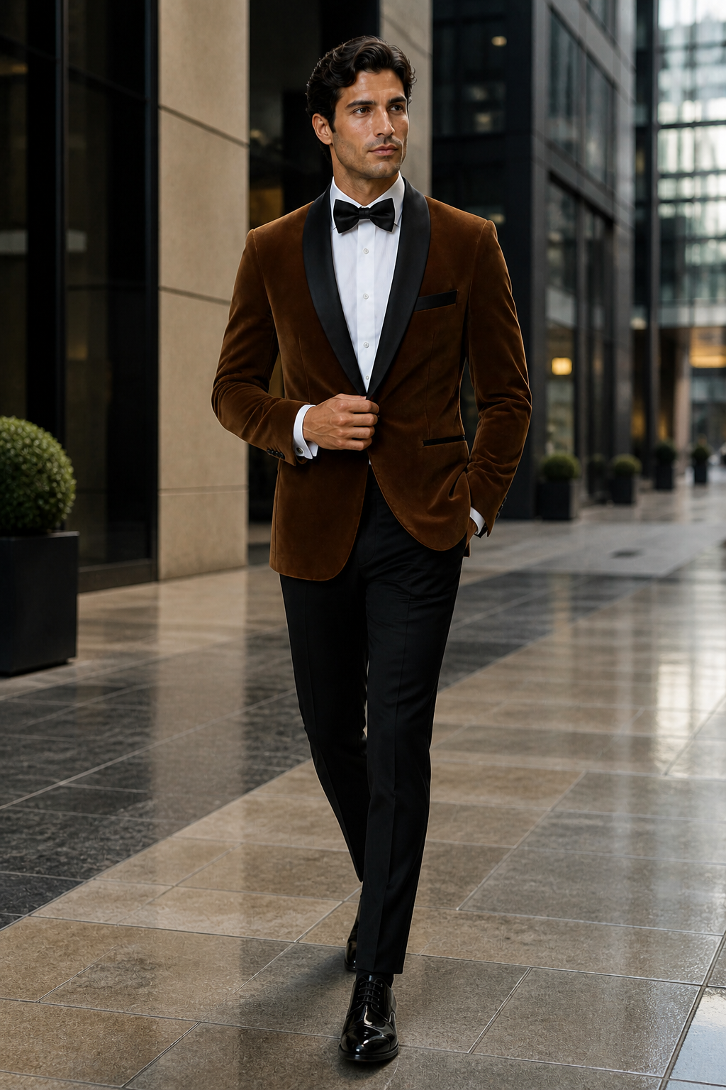 Mens Brown Velvet Tuxedo with Black Satin Shawl Lapel One Button Formal Suit Jacket