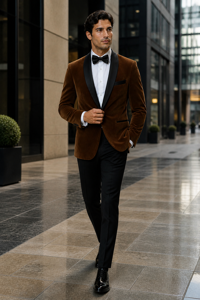 Mens Brown Velvet Tuxedo with Black Satin Shawl Lapel One Button Formal Suit Jacket