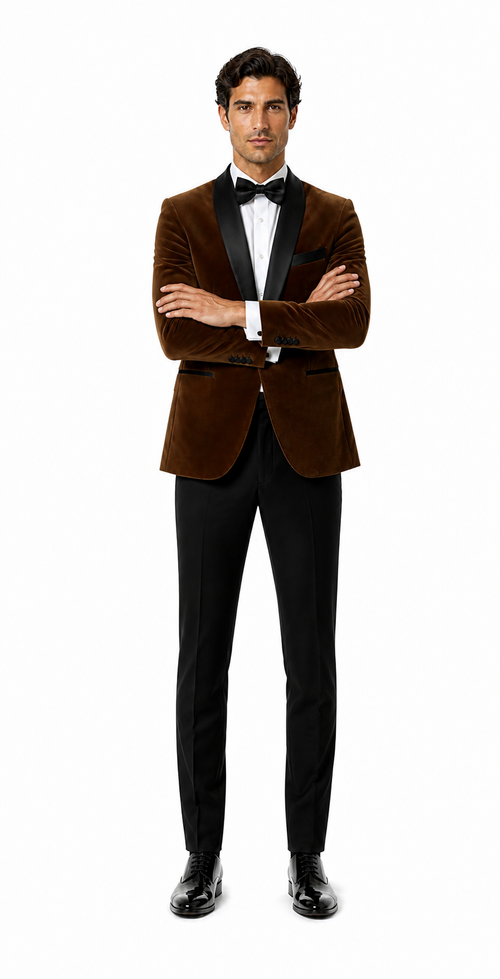 Mens Brown Velvet Tuxedo with Black Satin Shawl Lapel One Button Formal Suit Jacket