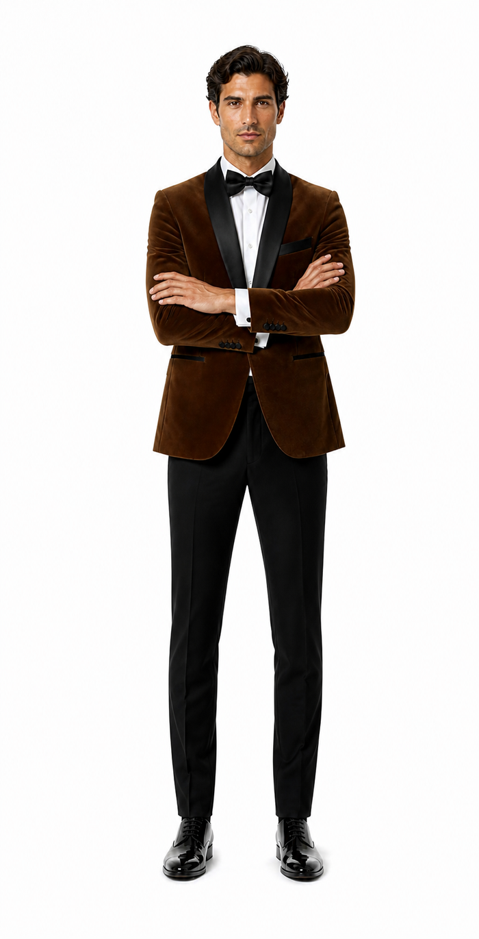 Mens Brown Velvet Tuxedo with Black Satin Shawl Lapel One Button Formal Suit Jacket