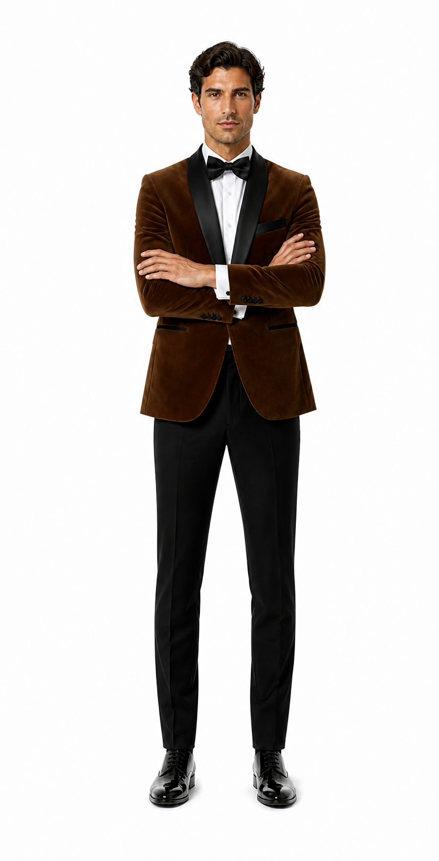 Mens Brown Velvet Tuxedo with Black Satin Shawl Lapel One Button Formal Suit Jacket