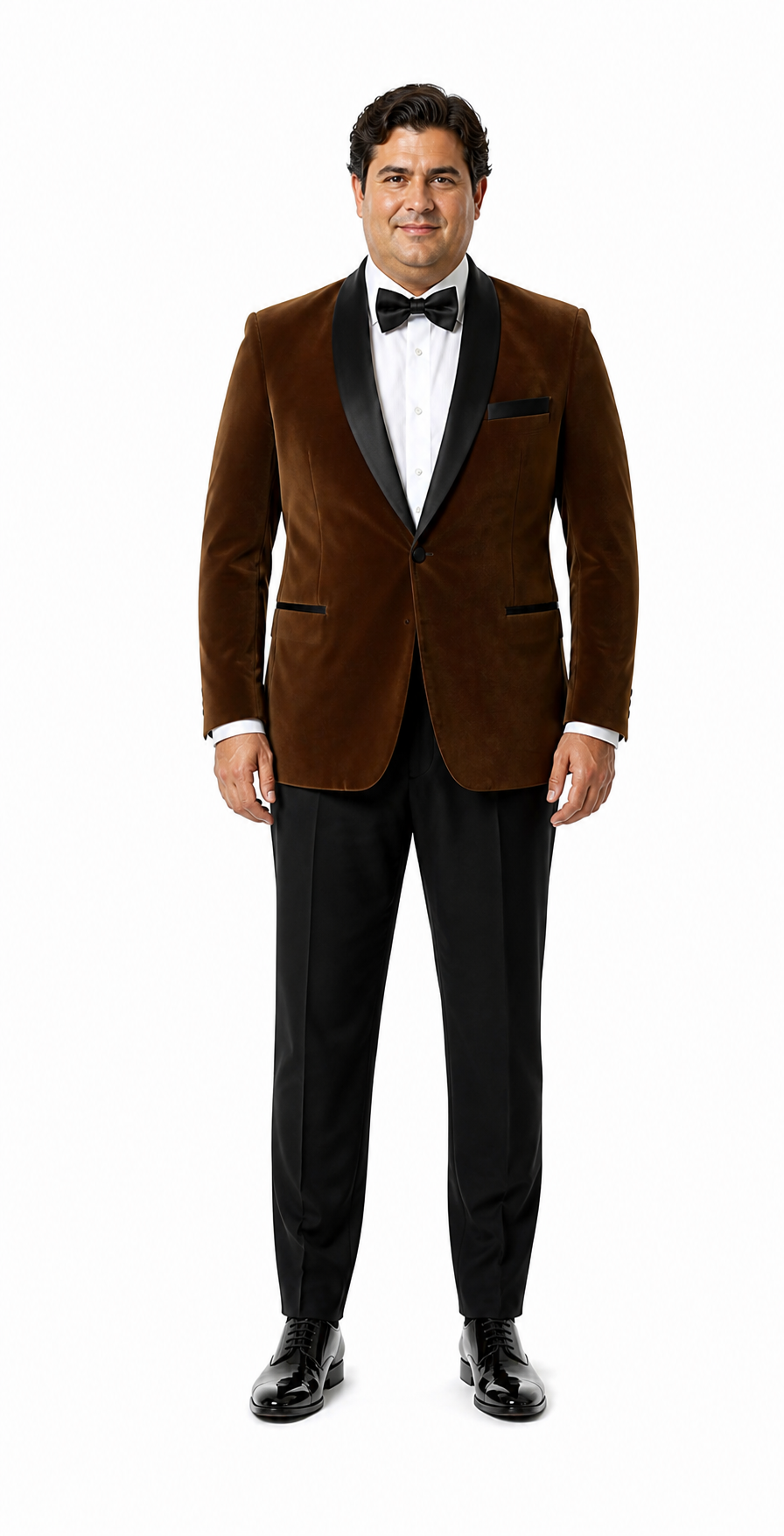 Mens Brown Velvet Tuxedo with Black Satin Shawl Lapel One Button Formal Suit Jacket