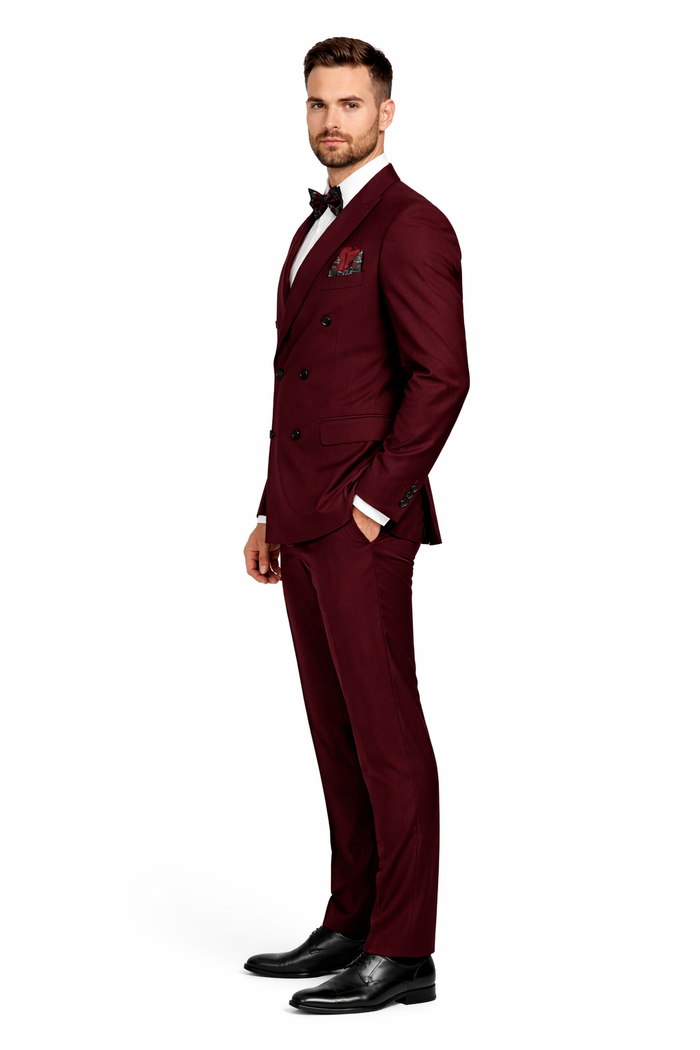 Men's Designer Double Breasted Wool Suit in Burgundy