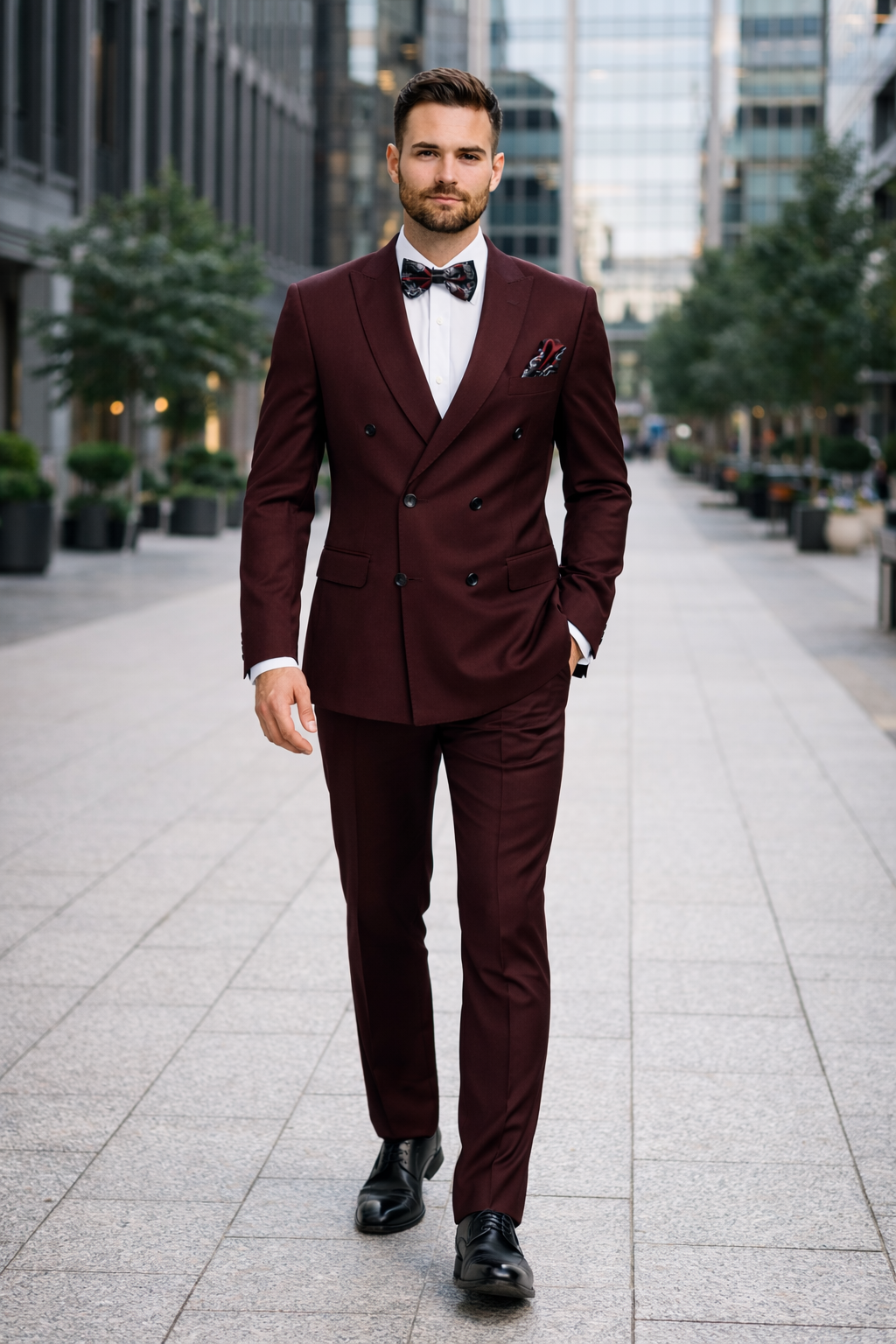 Men's Designer Double Breasted Wool Suit in Burgundy