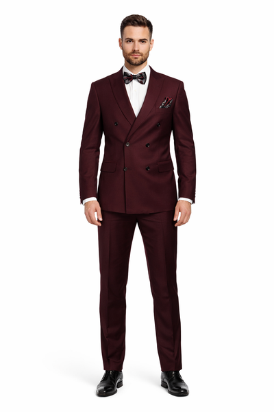 Men's Designer Double Breasted Wool Suit in Burgundy