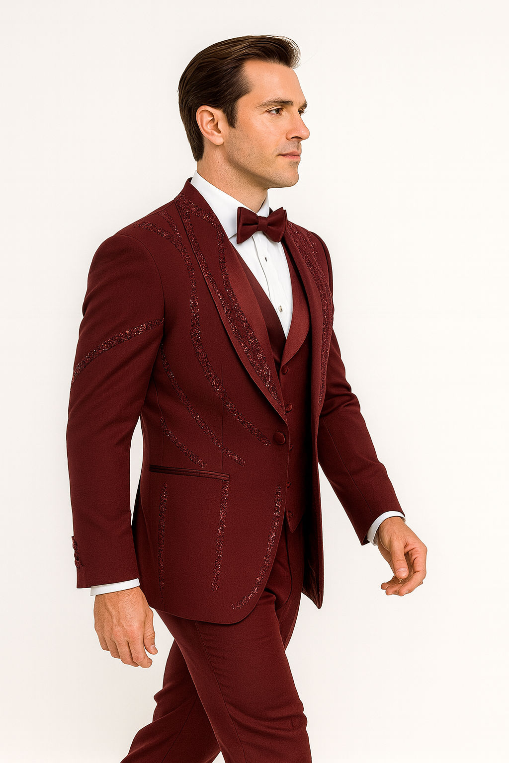 Mens Burgundy Italian Wool 3-Piece Modern Formal Tuxedo - 34 Short or Extra Small