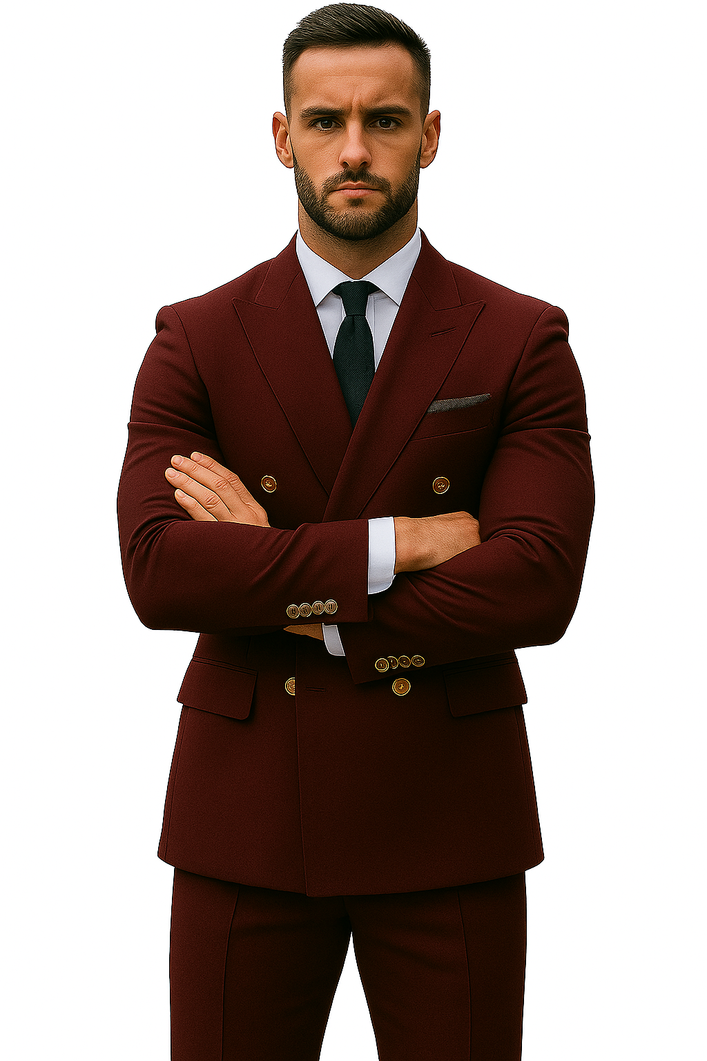 Slim Fit Double Breasted Suit Gold Buttons - Burgundy Suit - Designer Wool Suits - 36 Short