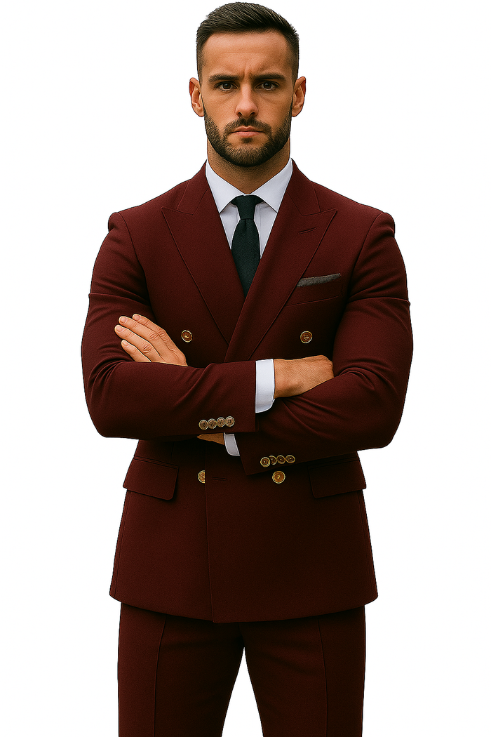 Slim Fit Double Breasted Suit Gold Buttons - Burgundy Suit - Designer Wool Suits