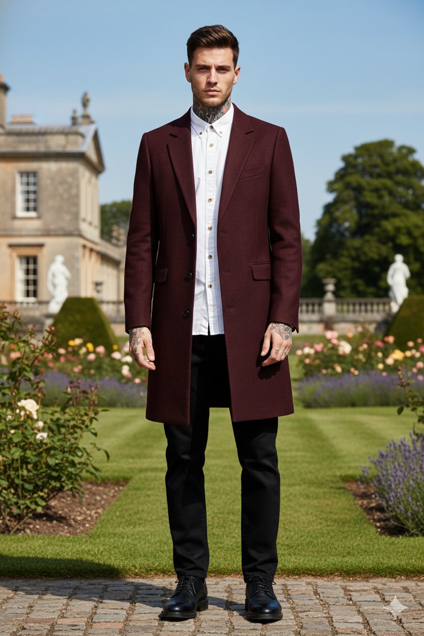 Mens Notch Lapel Wool Burgundy Wine Car Coat
