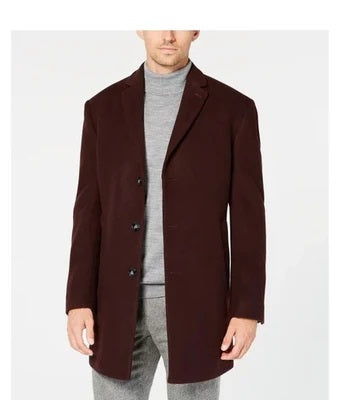 Mens Burgundy Slim Fit Topcoat - Overcoat Three Quarter