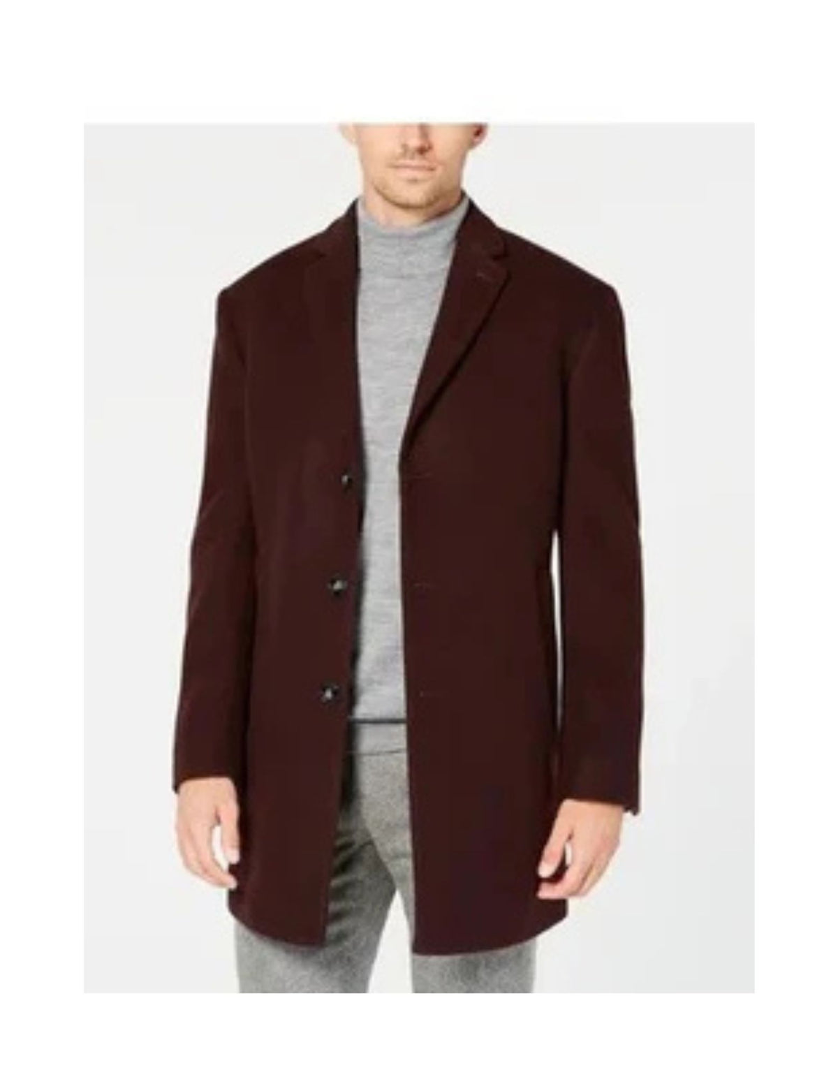 Mens Burgundy Slim Fit Topcoat - Overcoat Three Quarter