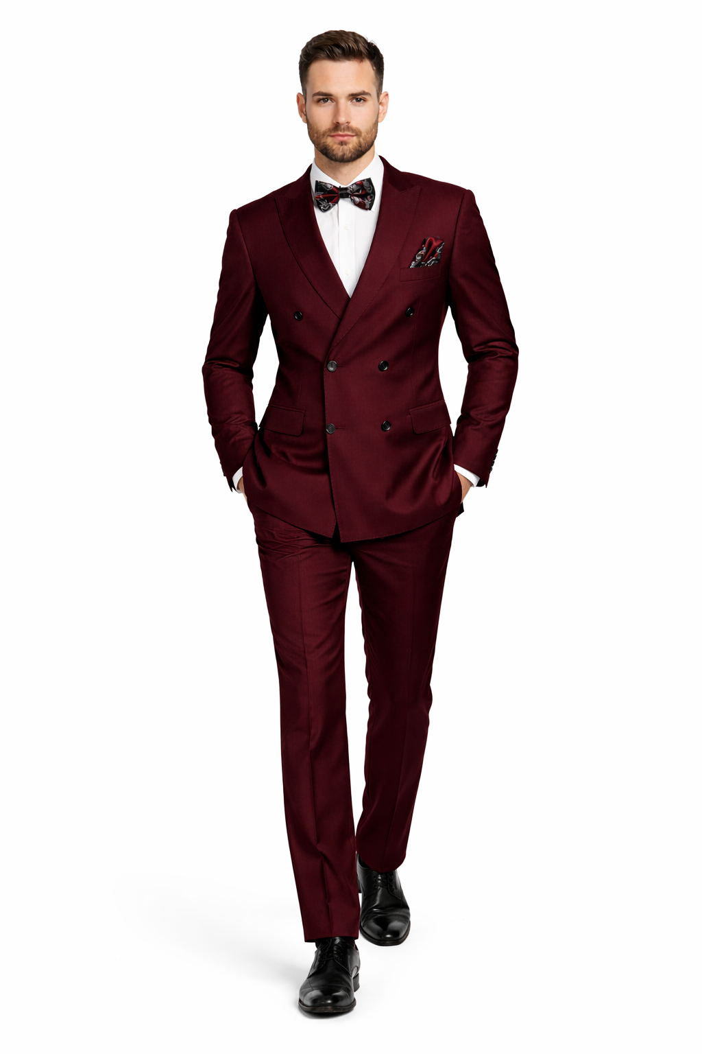 Men's Designer Double Breasted Wool Suit in Burgundy