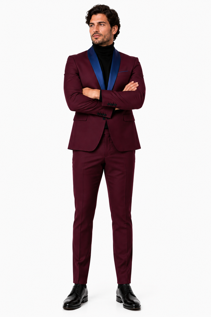 Mens Burgundy Tuxedo Dinner Jacket Blazer with Blue Satin Shawl Lapel  Wedding and Party Jacket