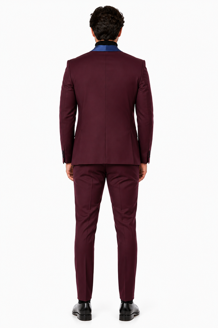 Mens Burgundy Tuxedo Dinner Jacket Blazer with Blue Satin Shawl Lapel  Wedding and Party Jacket