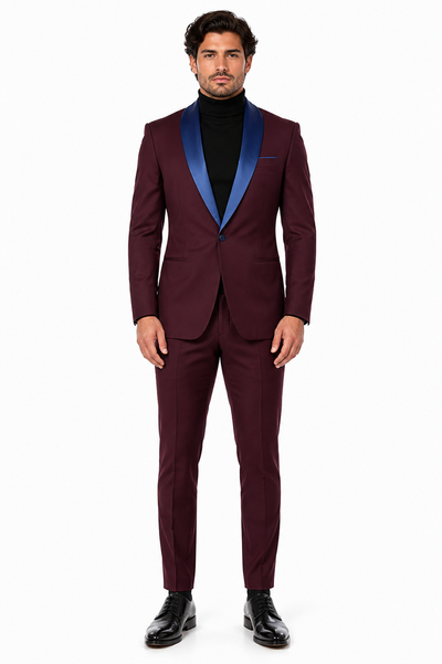 Mens Burgundy Tuxedo Dinner Jacket Blazer with Blue Satin Shawl Lapel  Wedding and Party Jacket