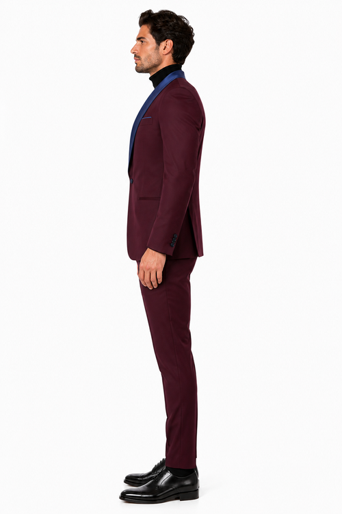 Mens Burgundy Tuxedo Dinner Jacket Blazer with Blue Satin Shawl Lapel  Wedding and Party Jacket
