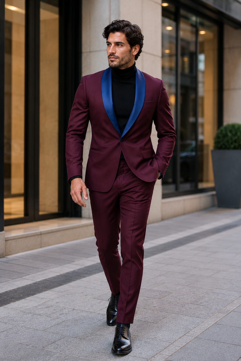 Mens Burgundy Tuxedo Dinner Jacket Blazer with Blue Satin Shawl Lapel  Wedding and Party Jacket