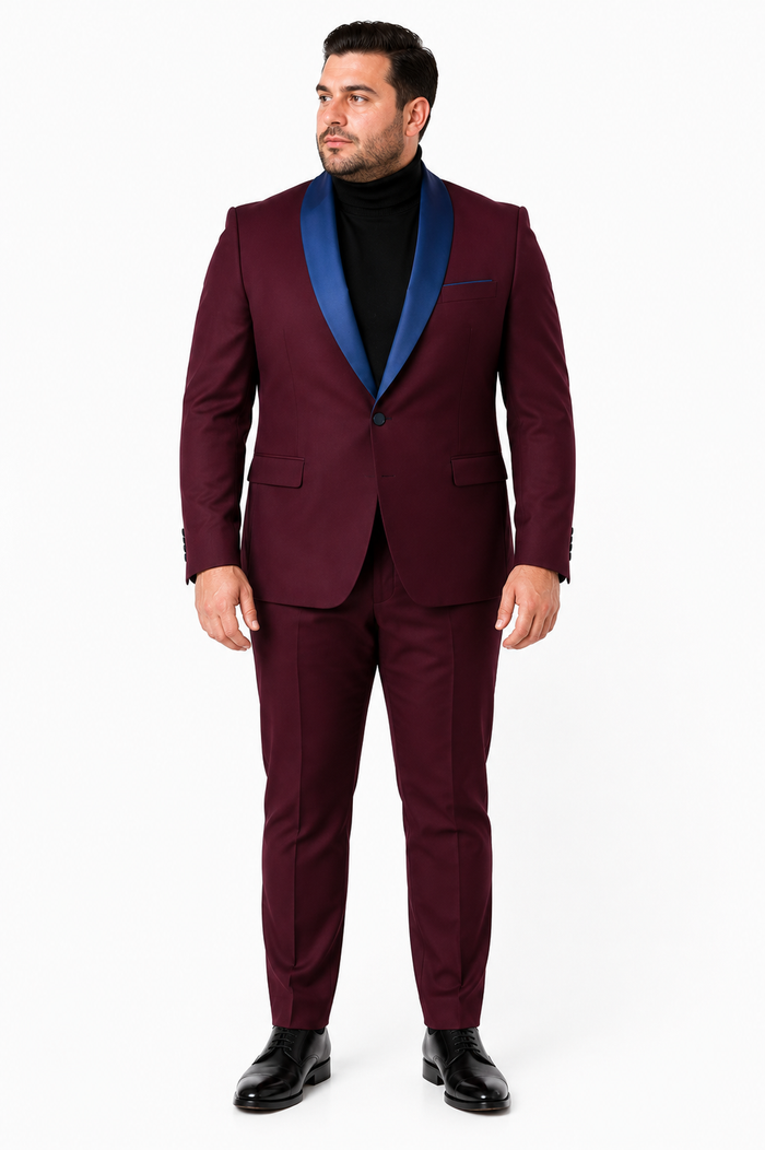 Mens Burgundy Tuxedo Dinner Jacket Blazer with Blue Satin Shawl Lapel  Wedding and Party Jacket