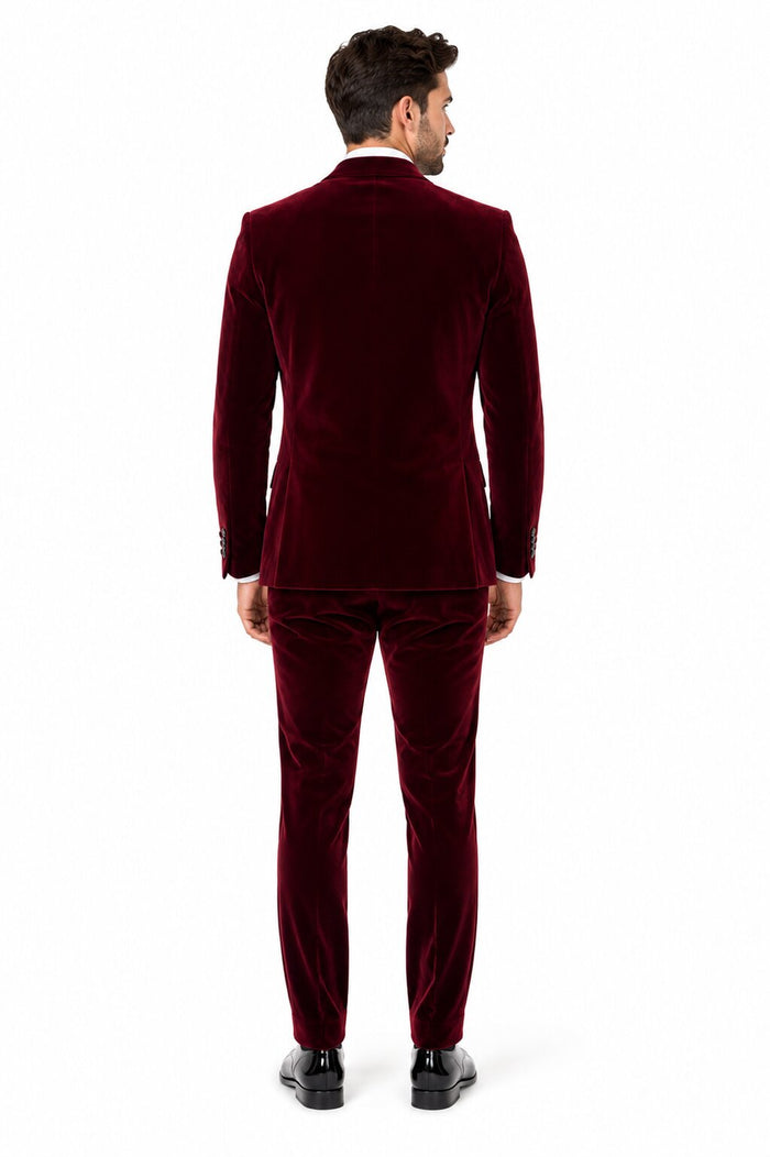 EJ Samuel Men's Burgundy Modern Fit Velvet Tuxedo with Gold Sequin Lapel