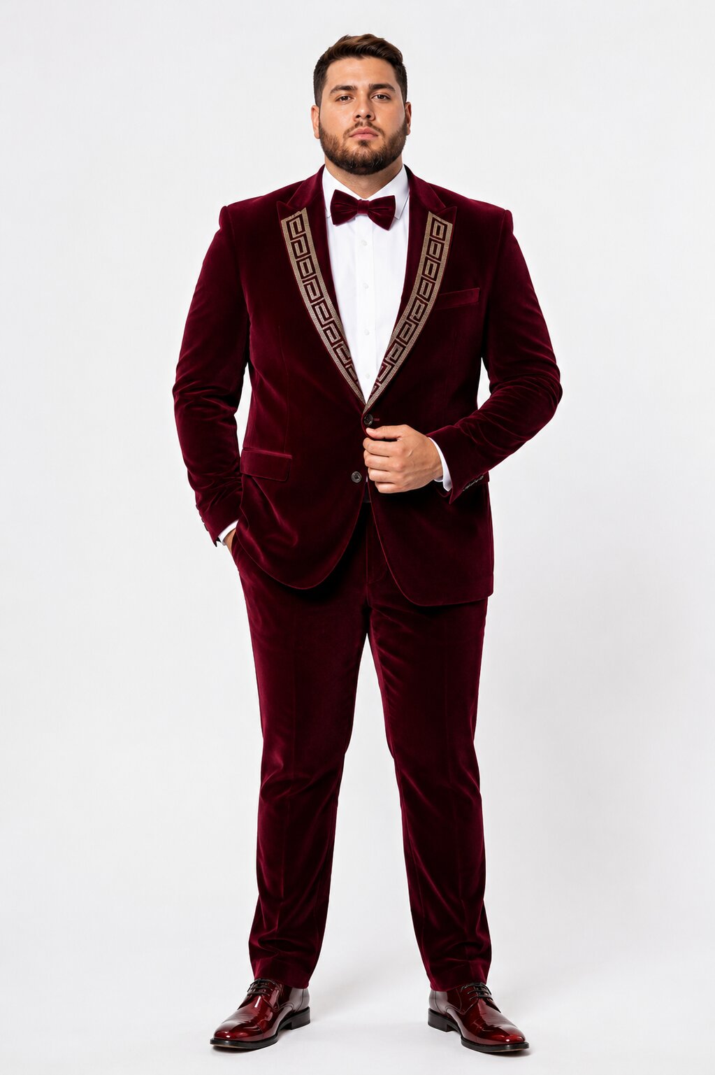 EJ Samuel Men's Burgundy Modern Fit Velvet Tuxedo with Gold Sequin Lapel - Burgundy