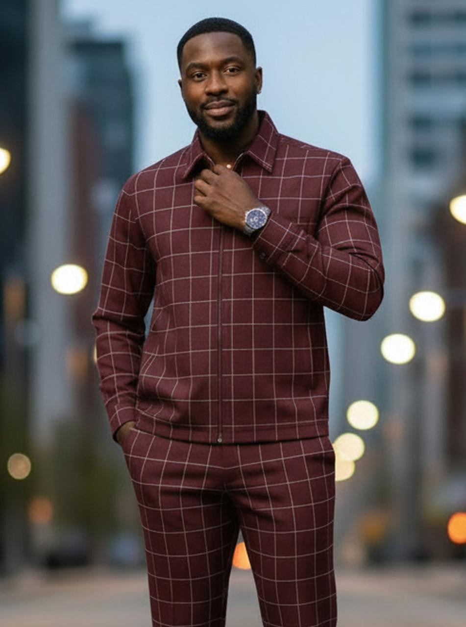 Mens Burgundy Windowpane Leisure Suit BP6789 - Small