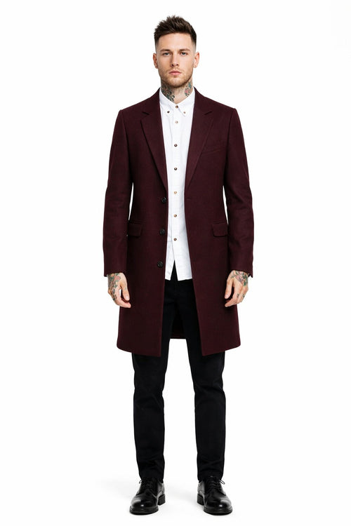 Mens Notch Lapel Wool Burgundy Wine Car Coat