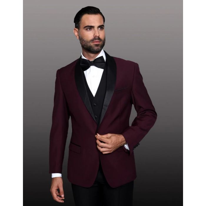 Mens Burgundy Wool Dinner Jacket - Mens Evening jackets - Tuxedo Dinner Jacket - 38 Short Jacket+32 Waist Adjustable 28to34)(Height: 5 4 to5 7 )(Neck  15-16.5)S-M)