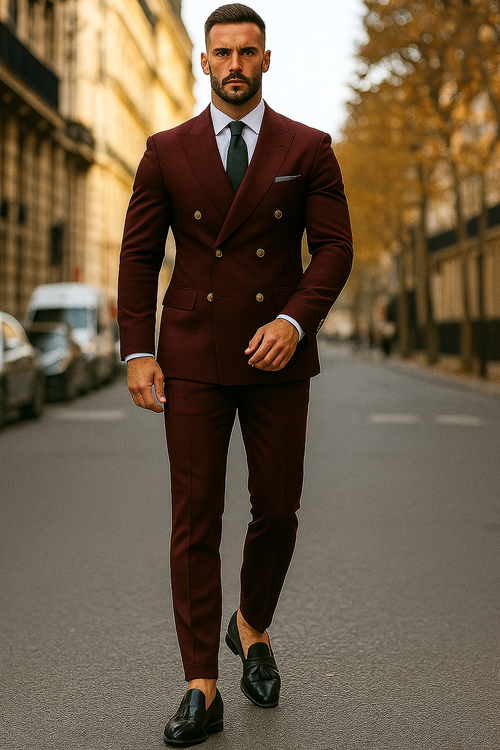 Slim Fit Double Breasted Suit Gold Buttons - Burgundy Suit - Designer Wool Suits
