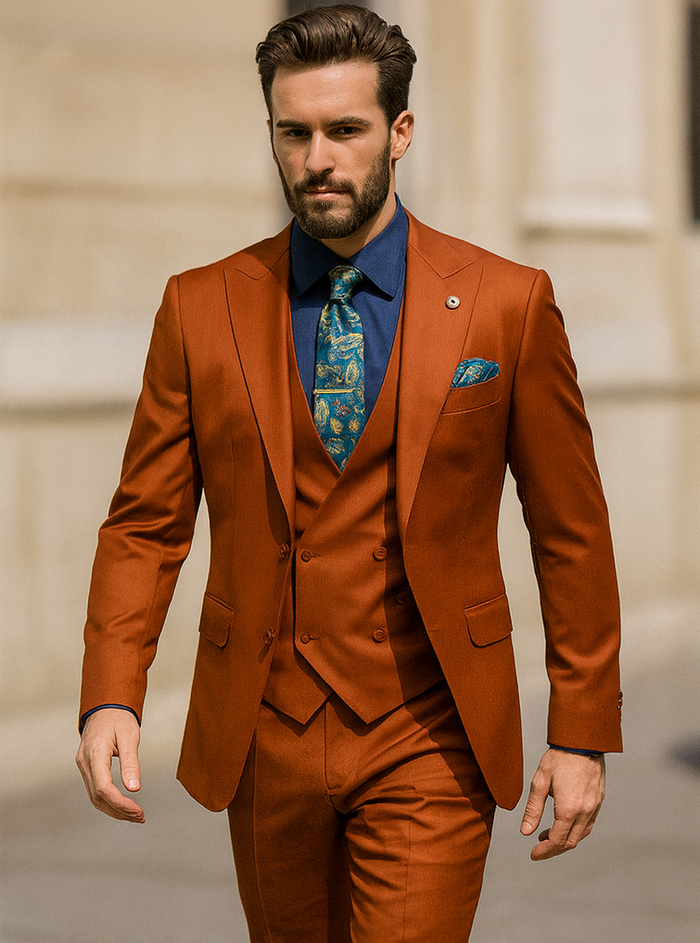 Classic Burnt Orange ~ Rust Three-Piece Suit Stylish Wedding Outfit-New Designer Collection