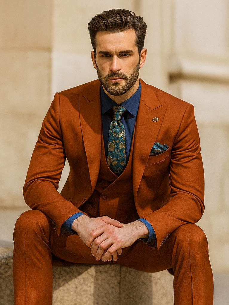 Bold Orange Wedding Suit for Men – 3-Piece Groom Outfit - 34 Short or Extra Small