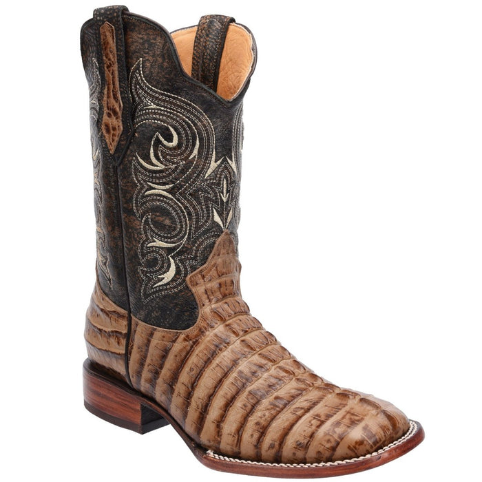 Men's Caiman Tail Print Leather Square Toe Boots - Oryx - 6