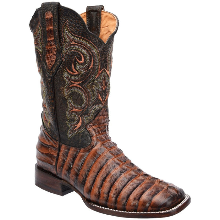 Men's Python Print Leather Square Toe Boots - Brown - 6